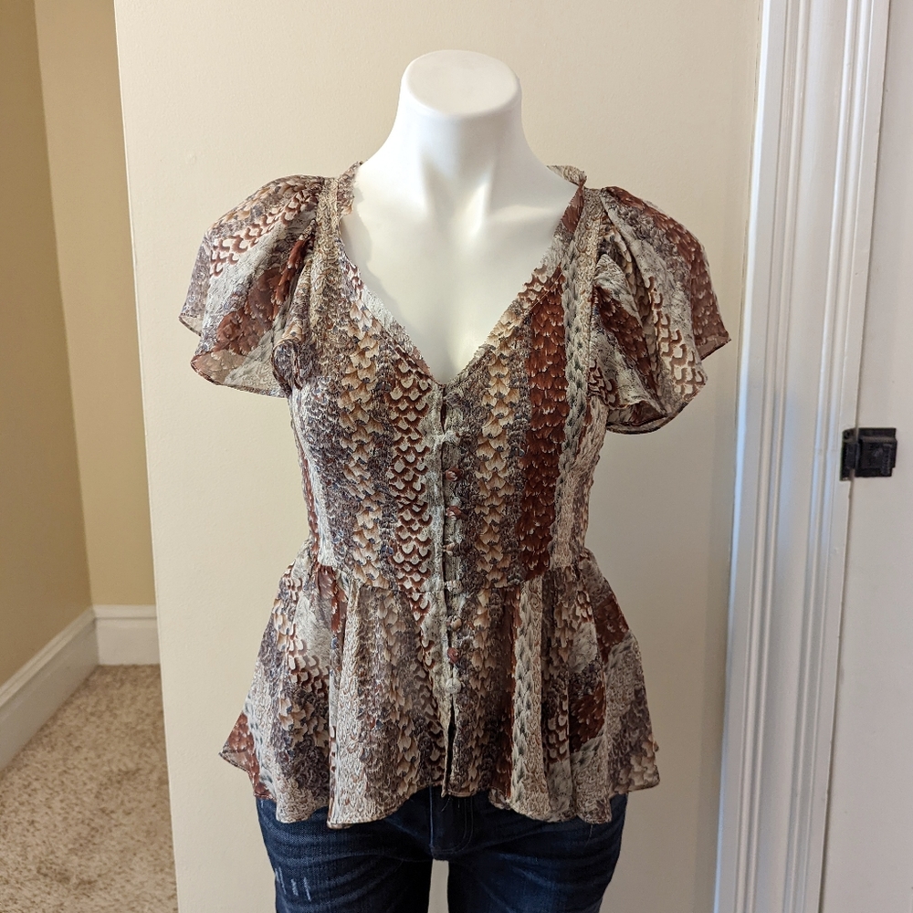 Anthropologie odille silk feather print button down top size 0